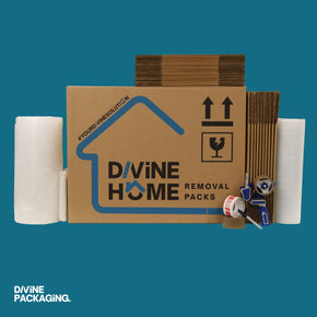 DIVINE HOME REMOVAL PACK - INCLUDES  X15 REMOVAL BOXES, X1 BROWN TAPE,  7M BUBBLE WRAP AND A MARKER PEN